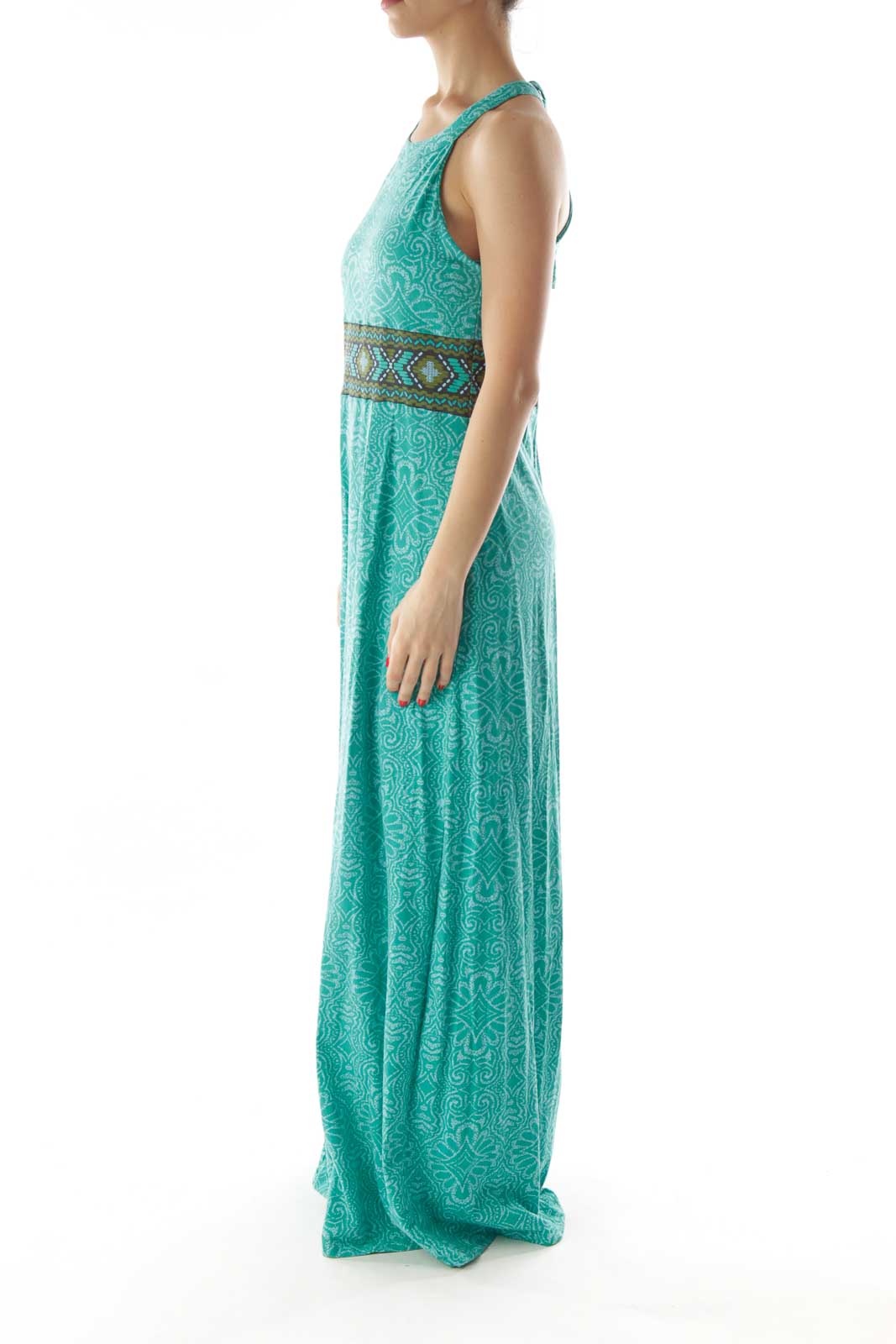 Green Brown Floral Bow Halter Maxi Dress