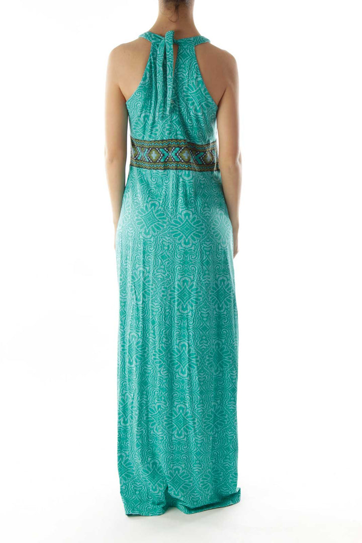 Green Brown Floral Bow Halter Maxi Dress