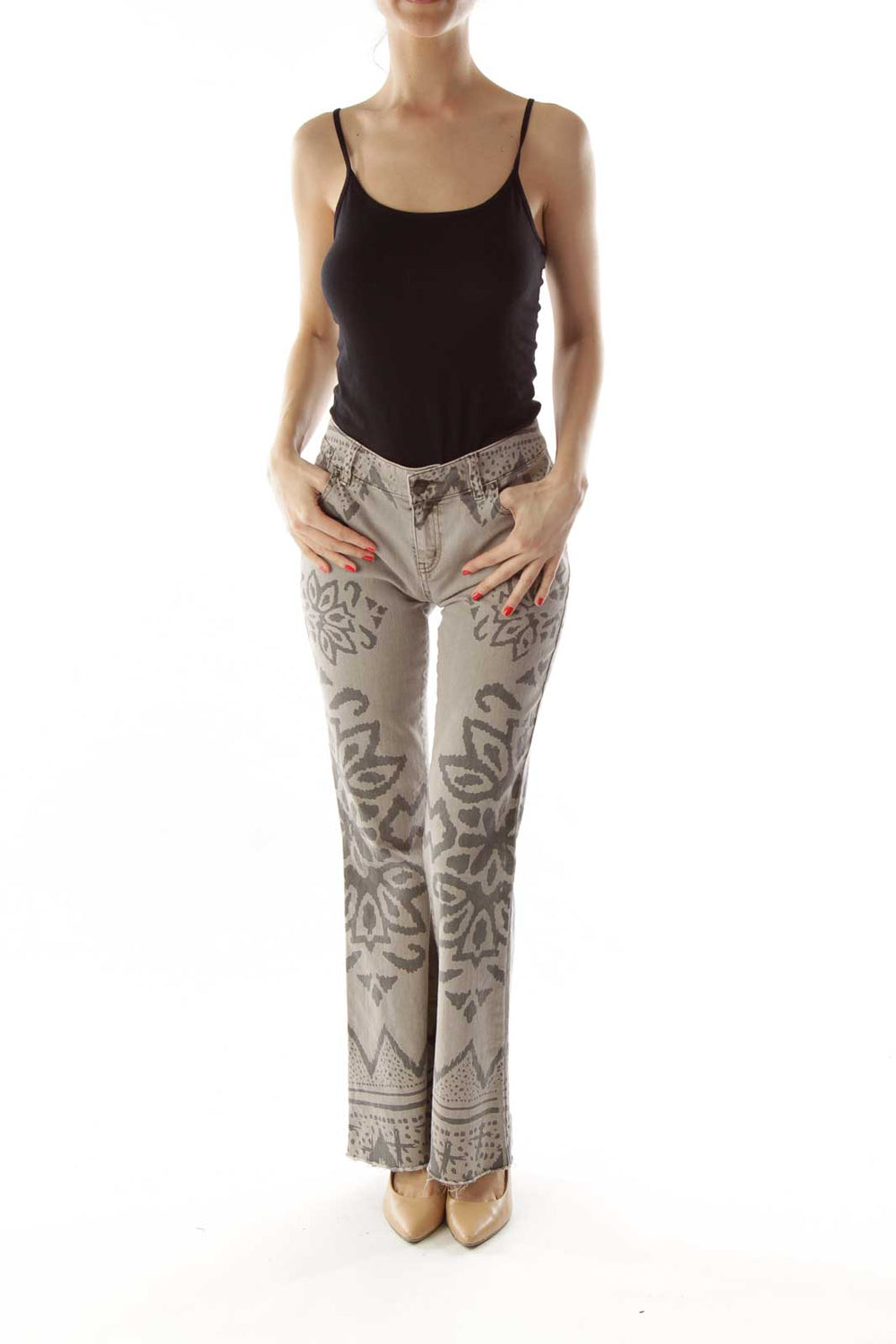 Front view of Free People beige denim jeans with floral embroidery