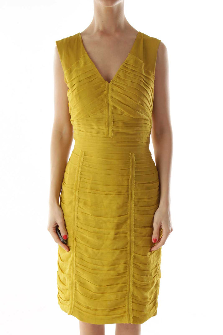 Yellow Pleated V-Neck Dress