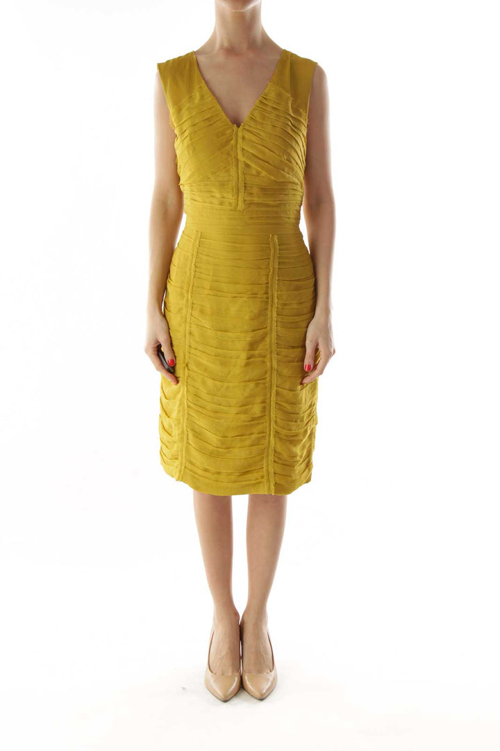 Yellow Pleated V-Neck Dress