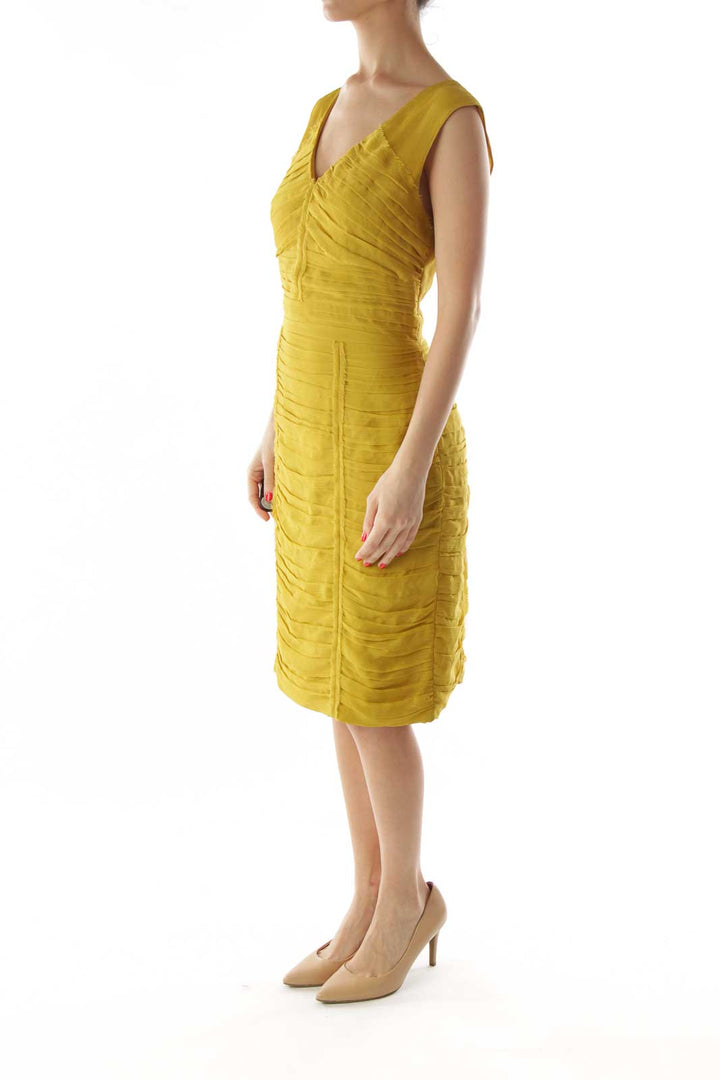 Yellow Pleated V-Neck Dress