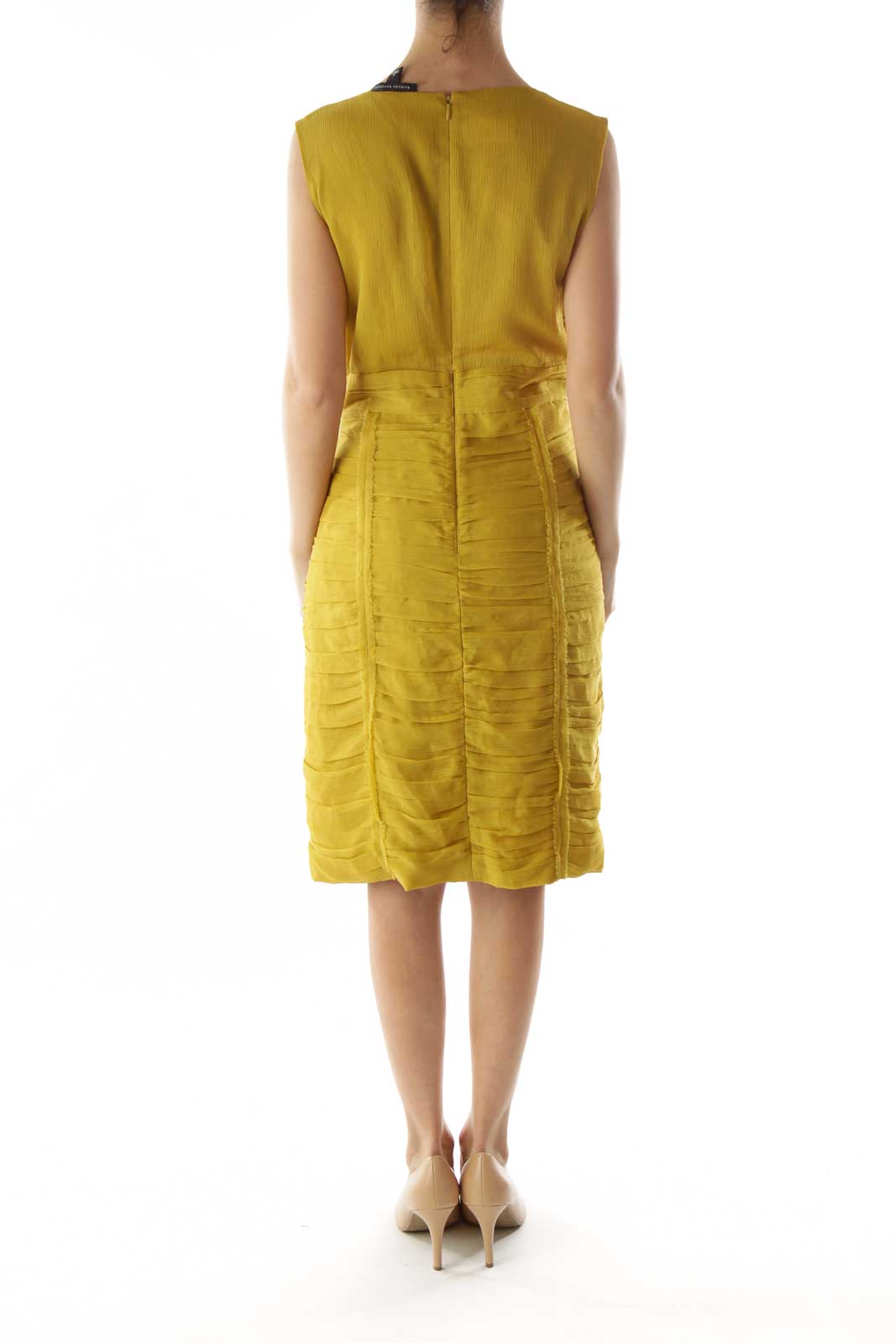 Yellow Pleated V-Neck Dress