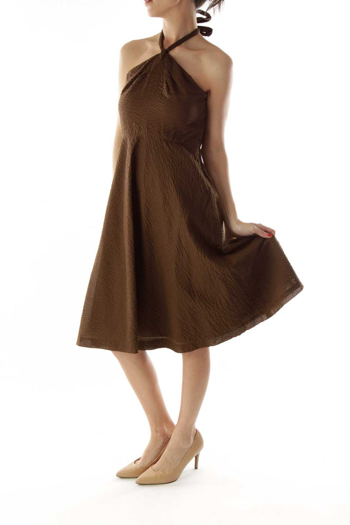 Brown Textured Halter Dress