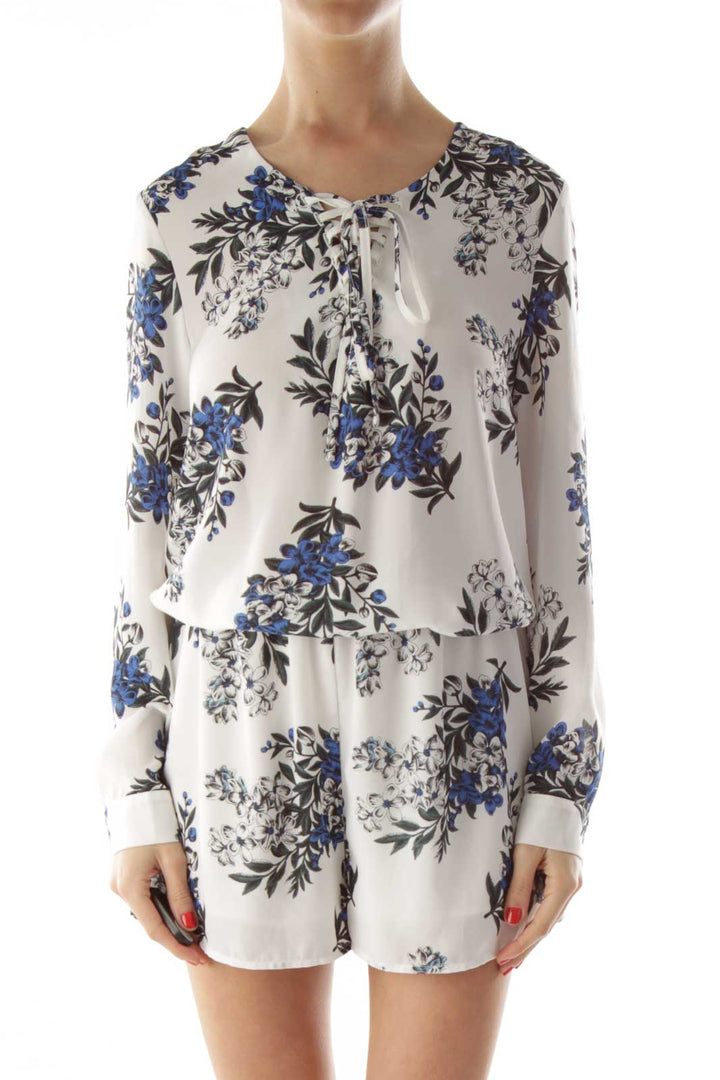 White Blue Drawstring Flower Print Dress