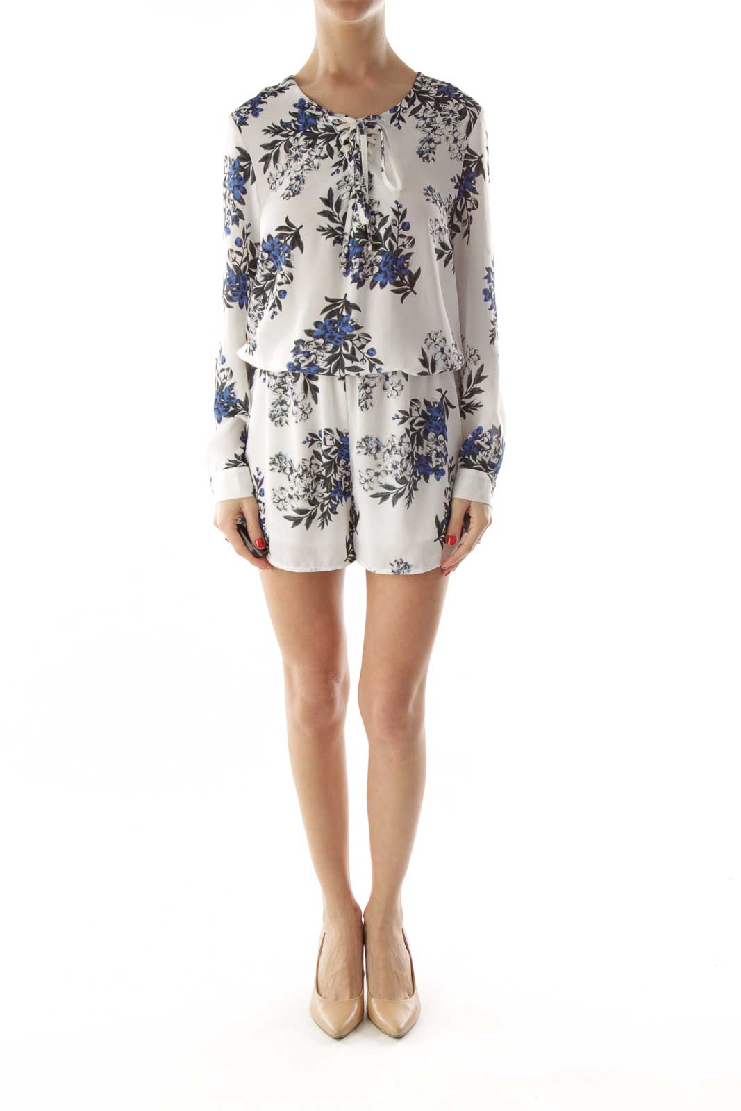 White Blue Drawstring Flower Print Dress