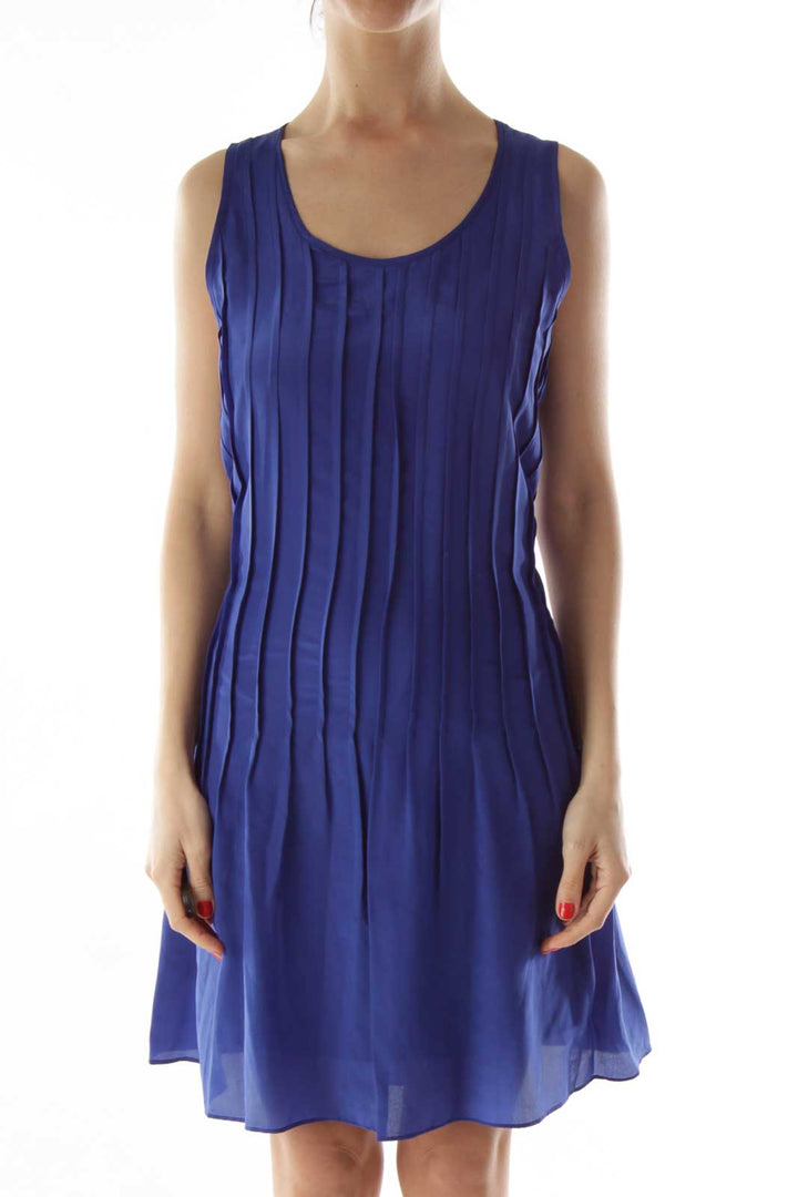 Blue Pleated Silk Day Dress