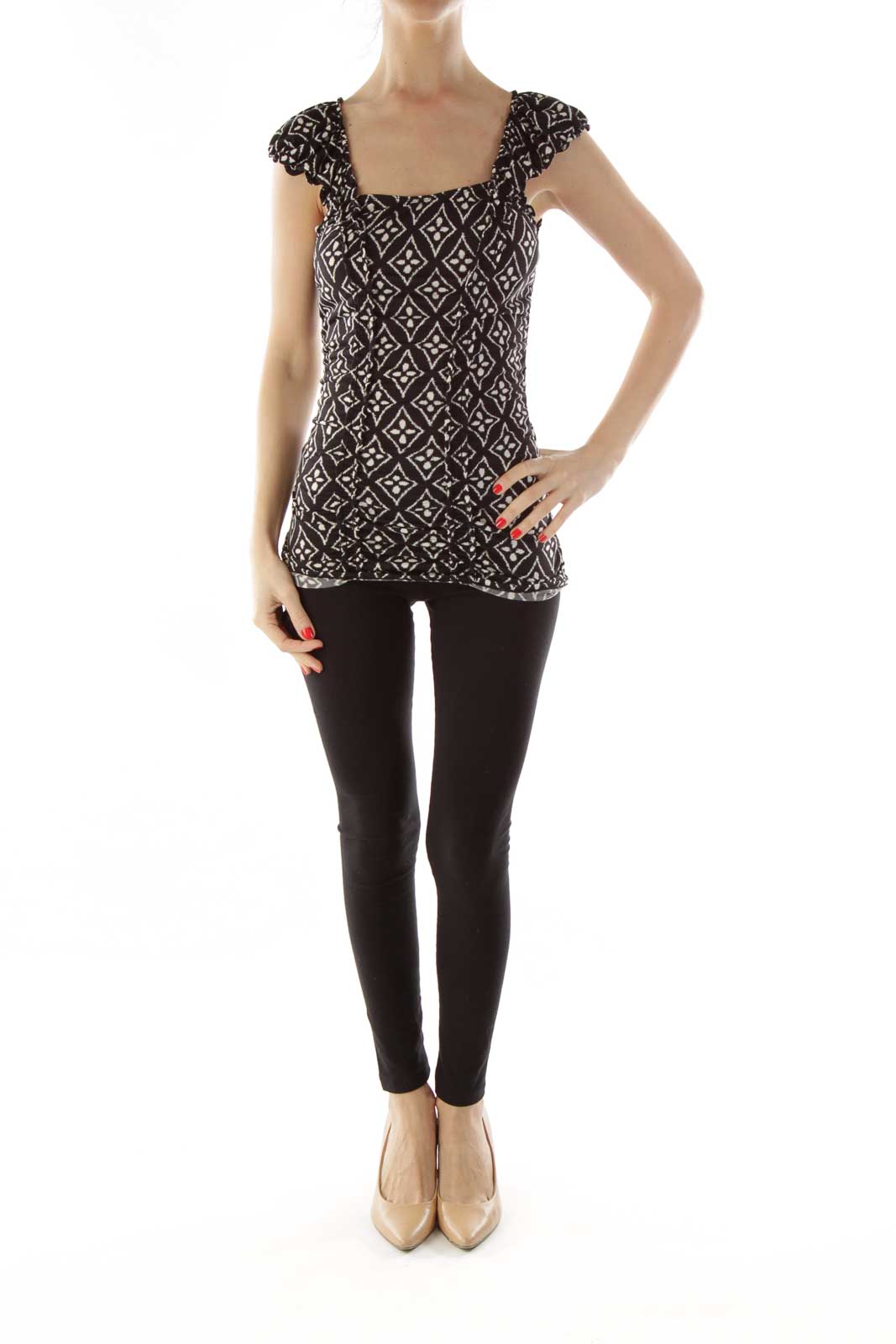 Black White Geometric Print Fitted Top