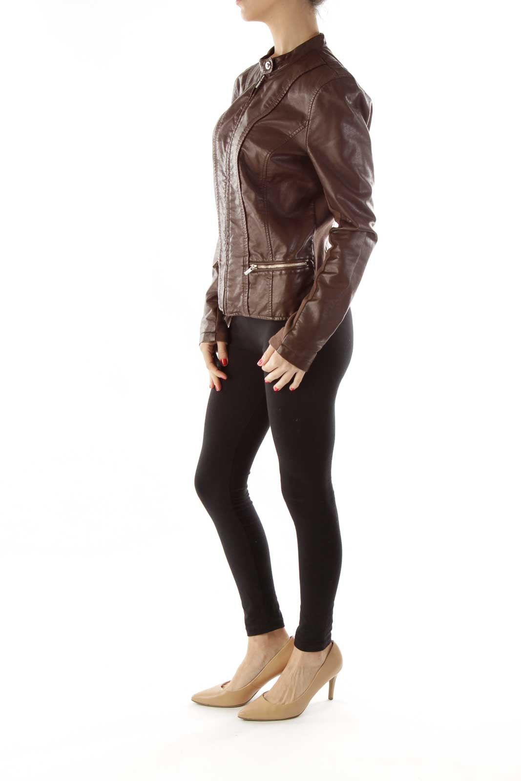 Brown Gold Zipper Leather Jacket