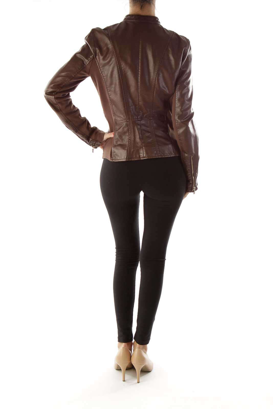 Brown Gold Zipper Leather Jacket