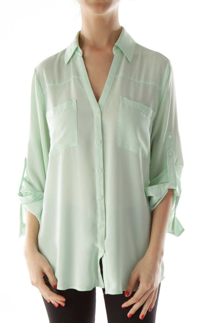 Green Pocketed Buttoned Up Blouse