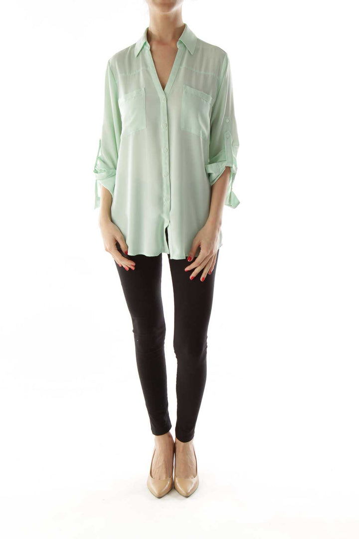 Green Pocketed Buttoned Up Blouse