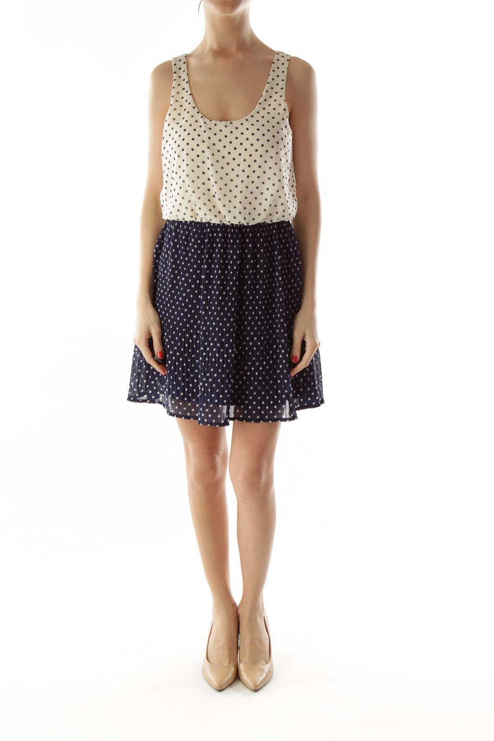 White and Navy Polka-Dot Pleated Dress