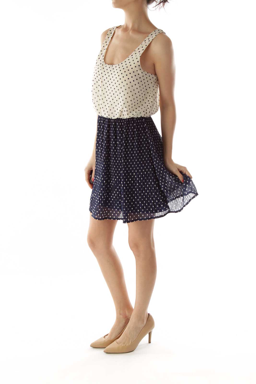 White and Navy Polka-Dot Pleated Dress