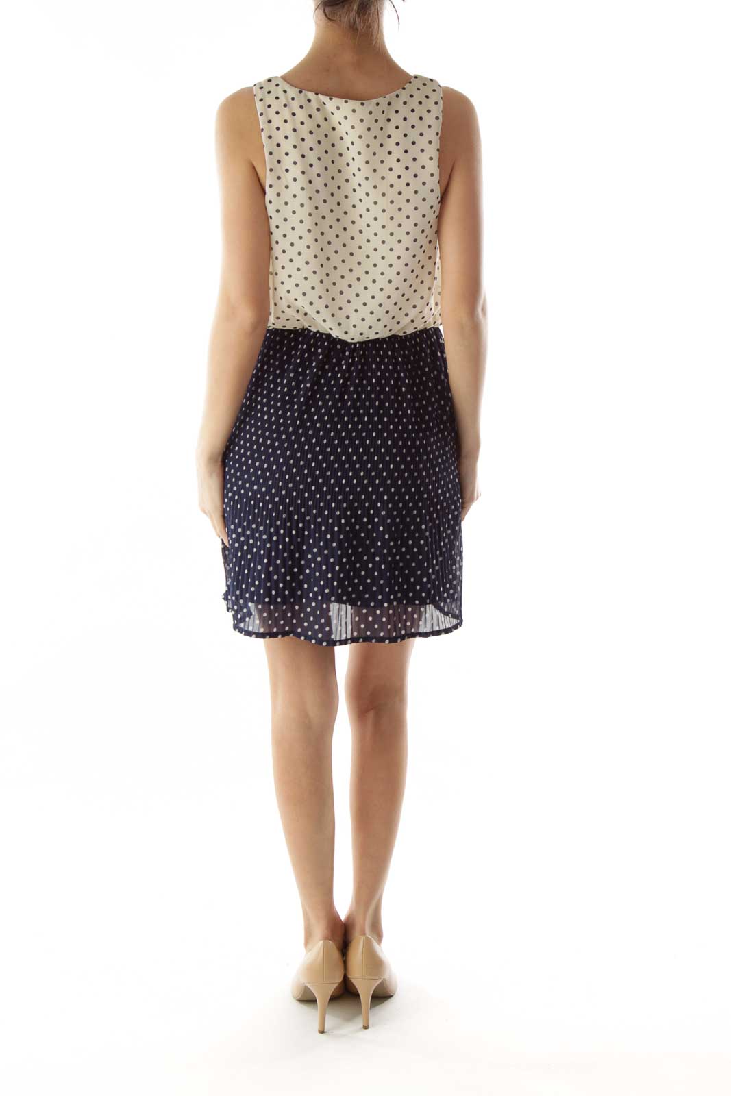 White and Navy Polka-Dot Pleated Dress