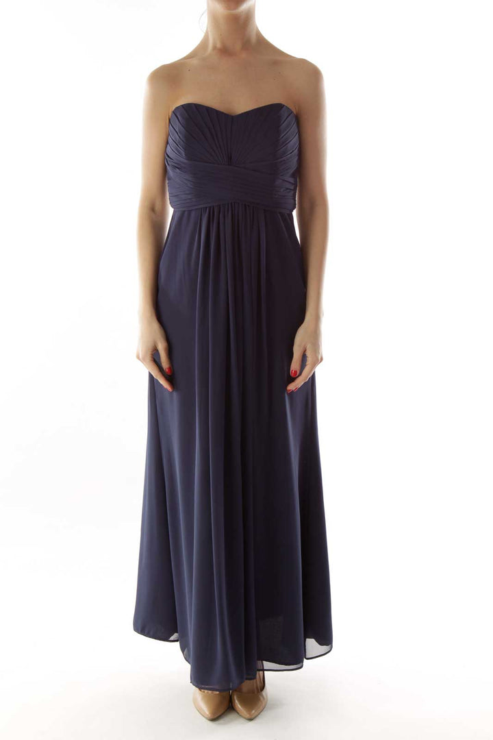 Navy Pleated Strapless Dress