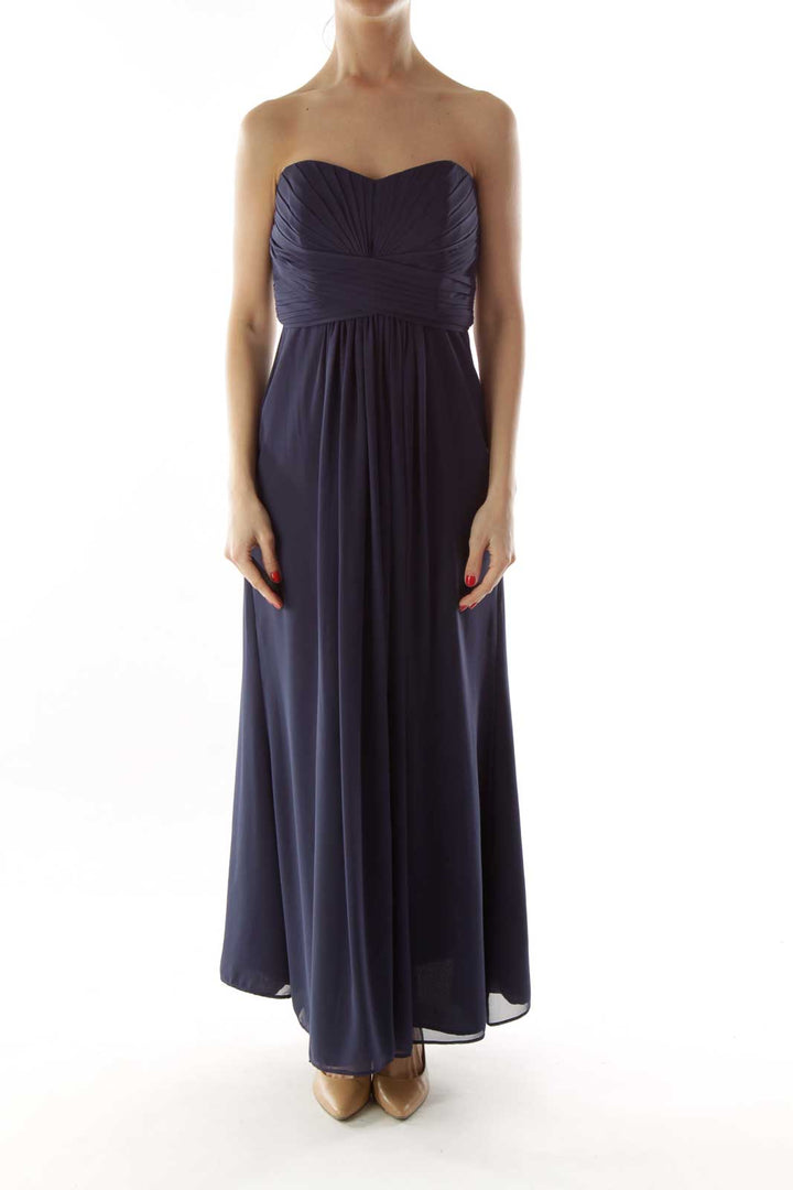 Navy Pleated Strapless Dress