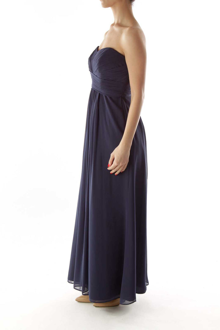 Navy Pleated Strapless Dress