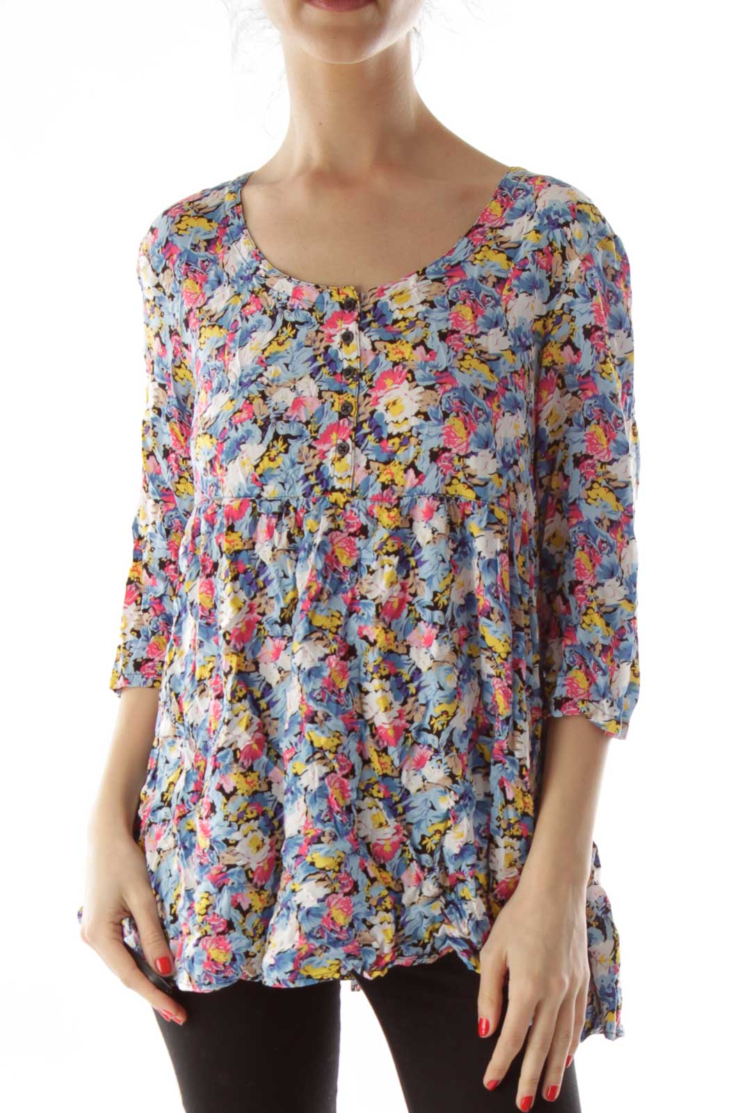 Front view of multicolor floral print flowy top by Free People