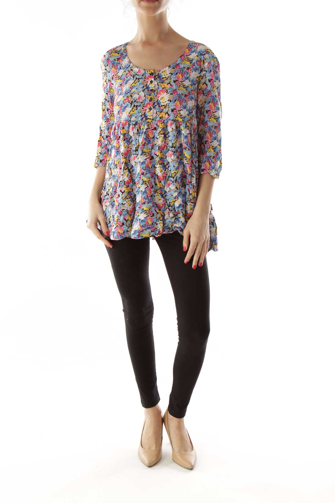 Front view of multicolor floral print flowy top by Free People