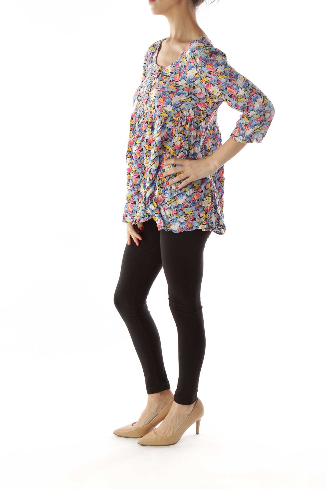 Front view of multicolor floral print flowy top by Free People