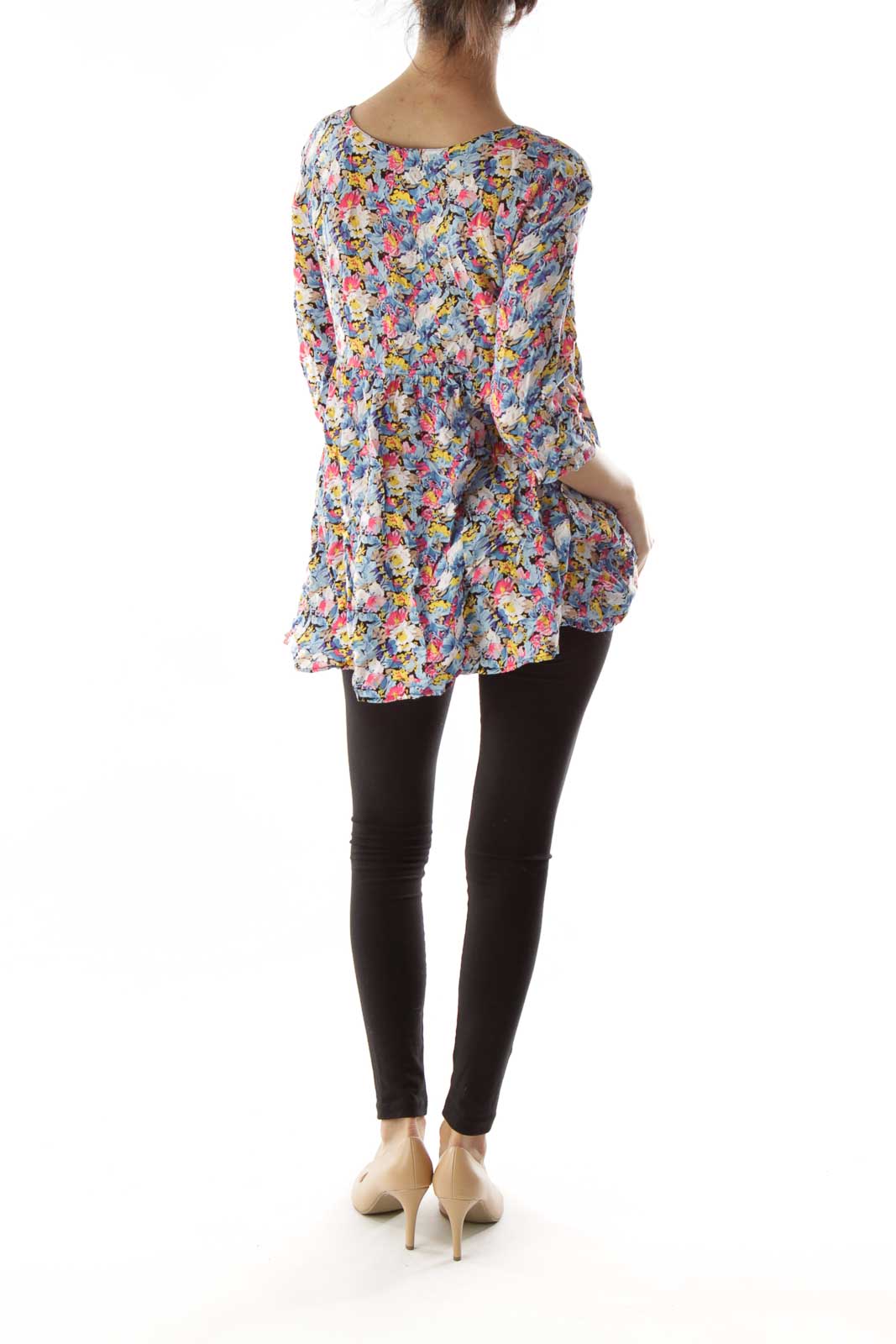 Back view of multicolor floral print flowy top by Free People