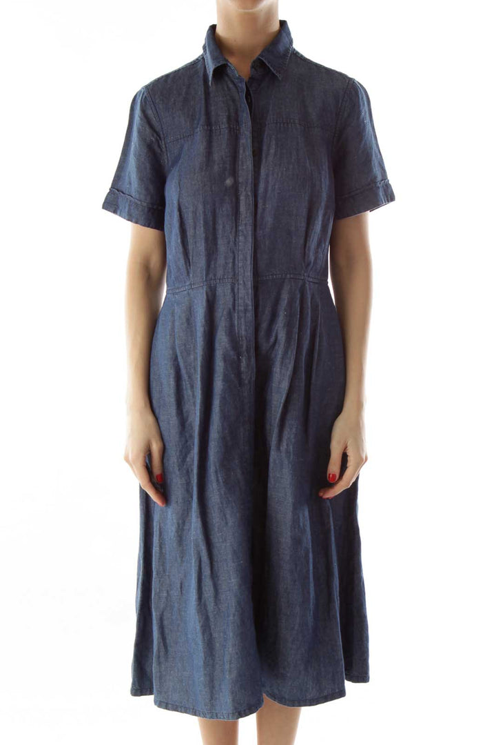 Blue Denim Buttoned Pocketed Dress