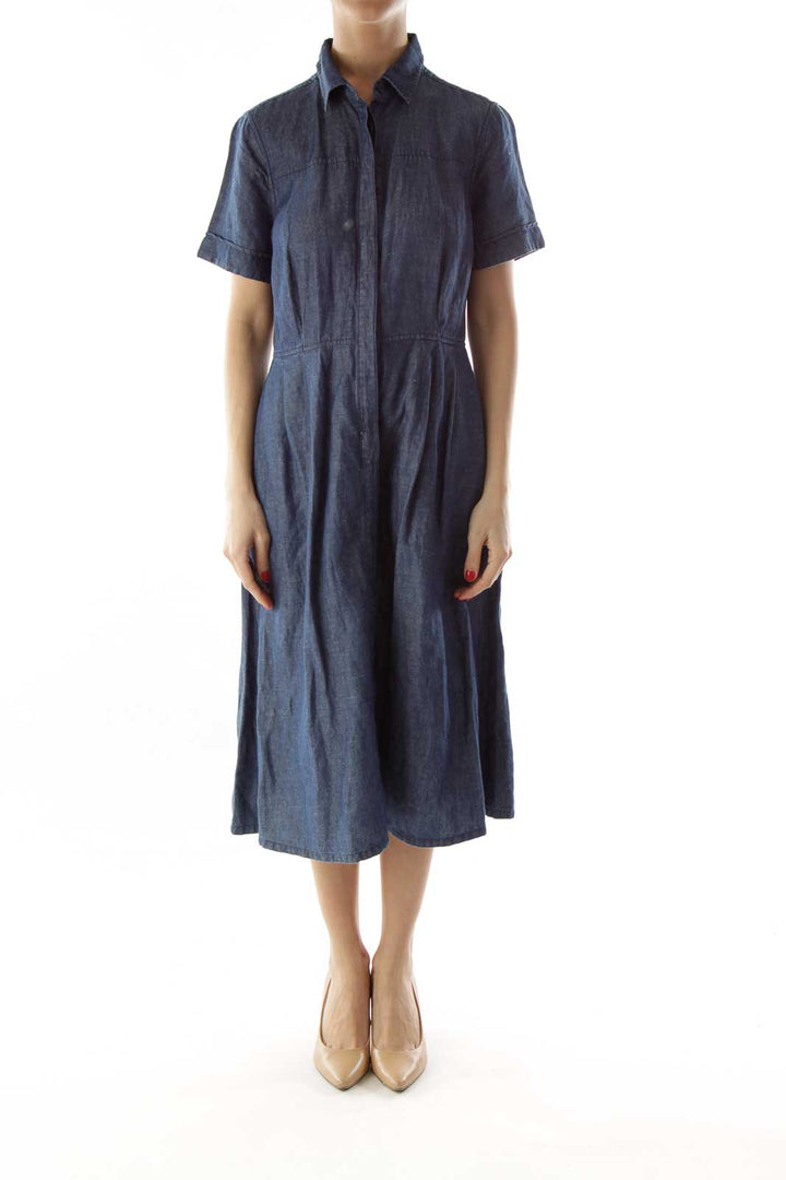 Blue Denim Buttoned Pocketed Dress