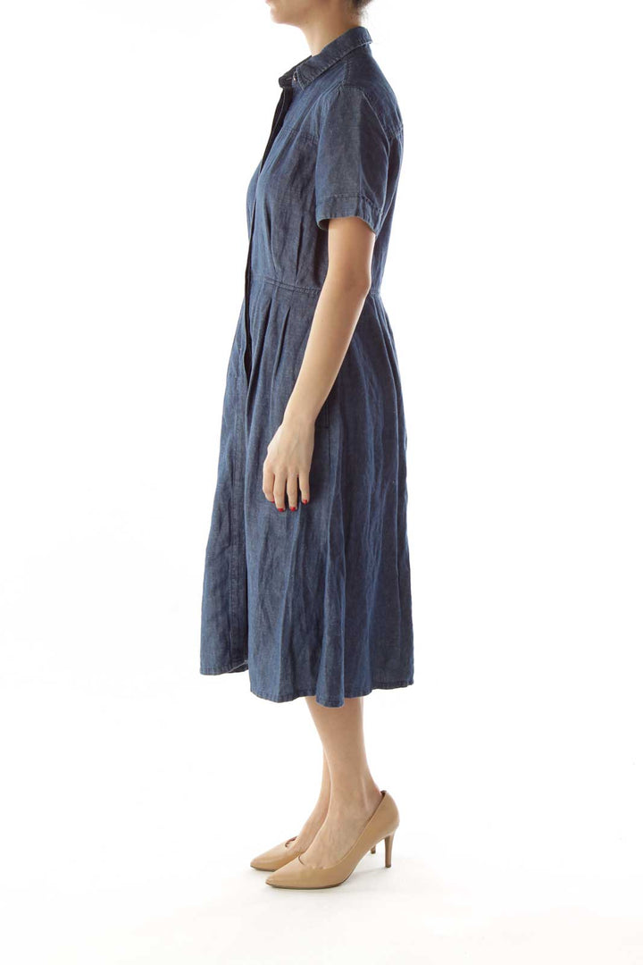 Blue Denim Buttoned Pocketed Dress