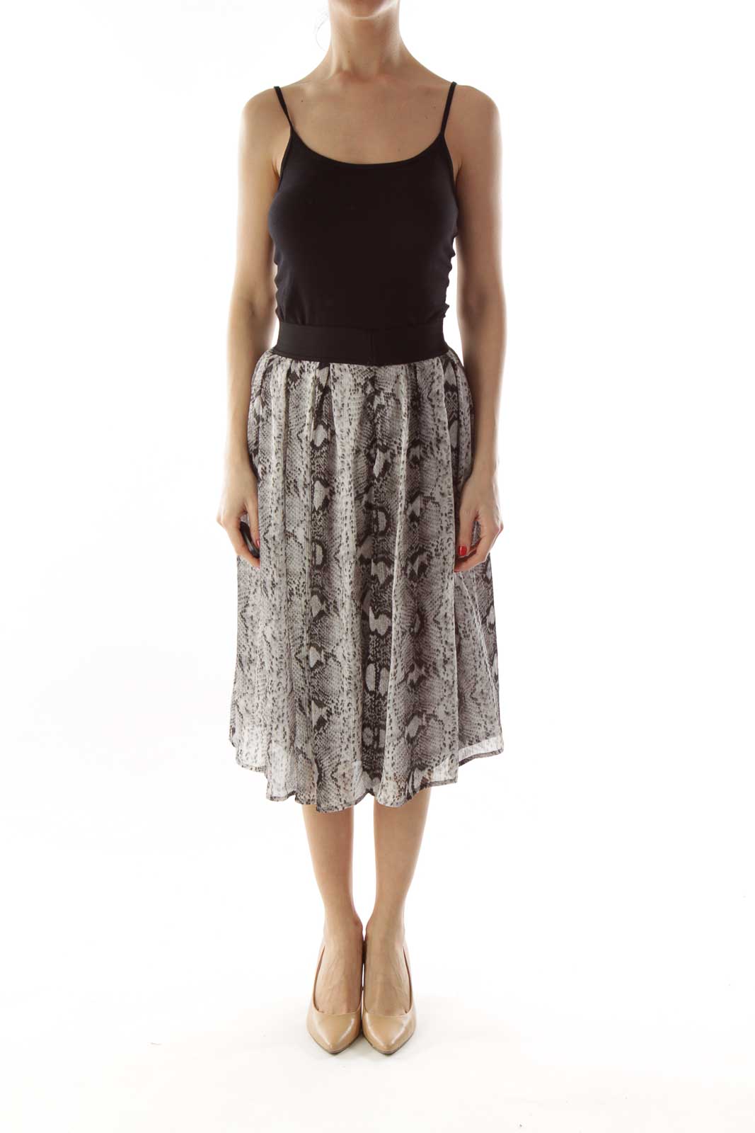 Gray Black Snake Skin Print Pleated Skirt