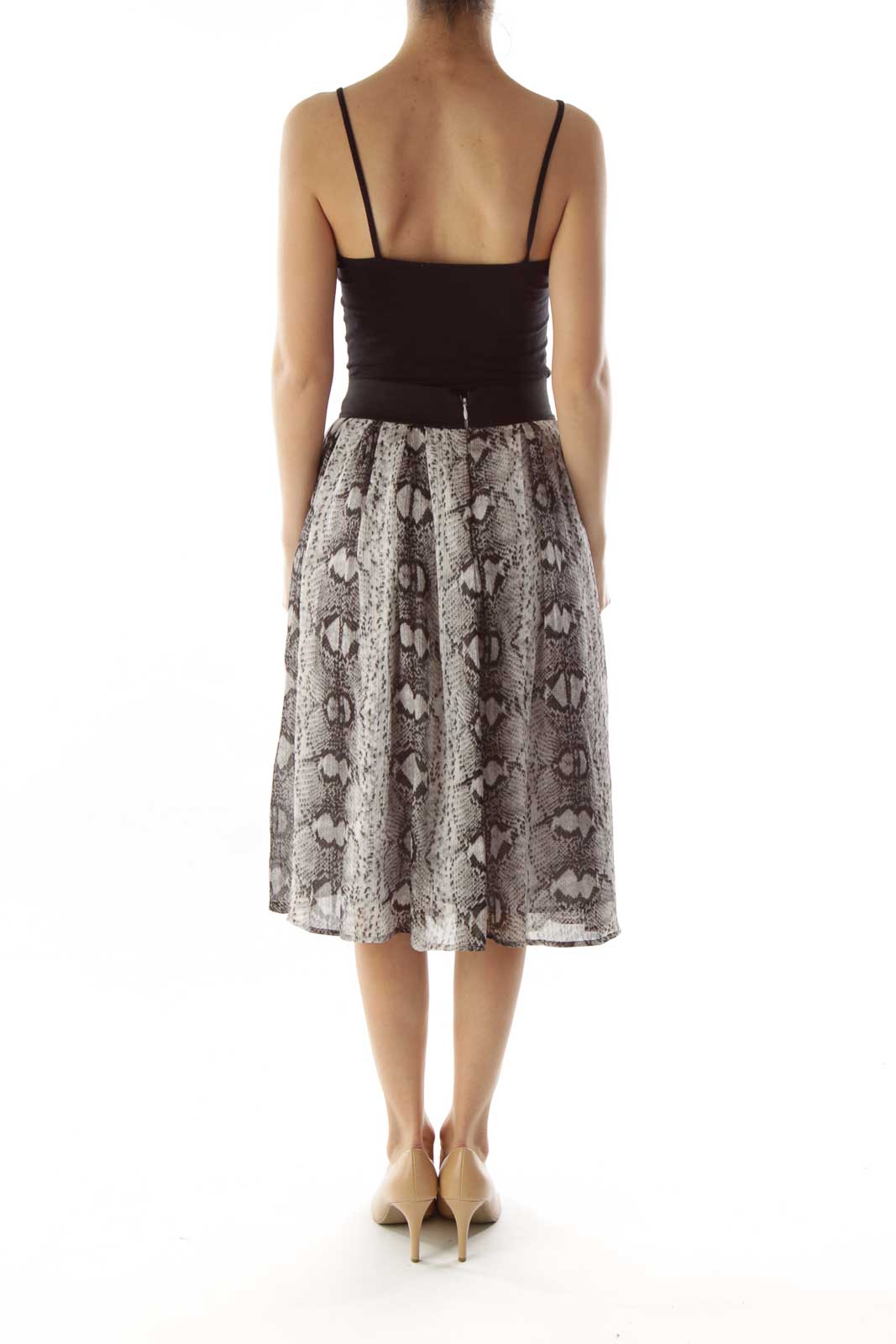 Gray Black Snake Skin Print Pleated Skirt