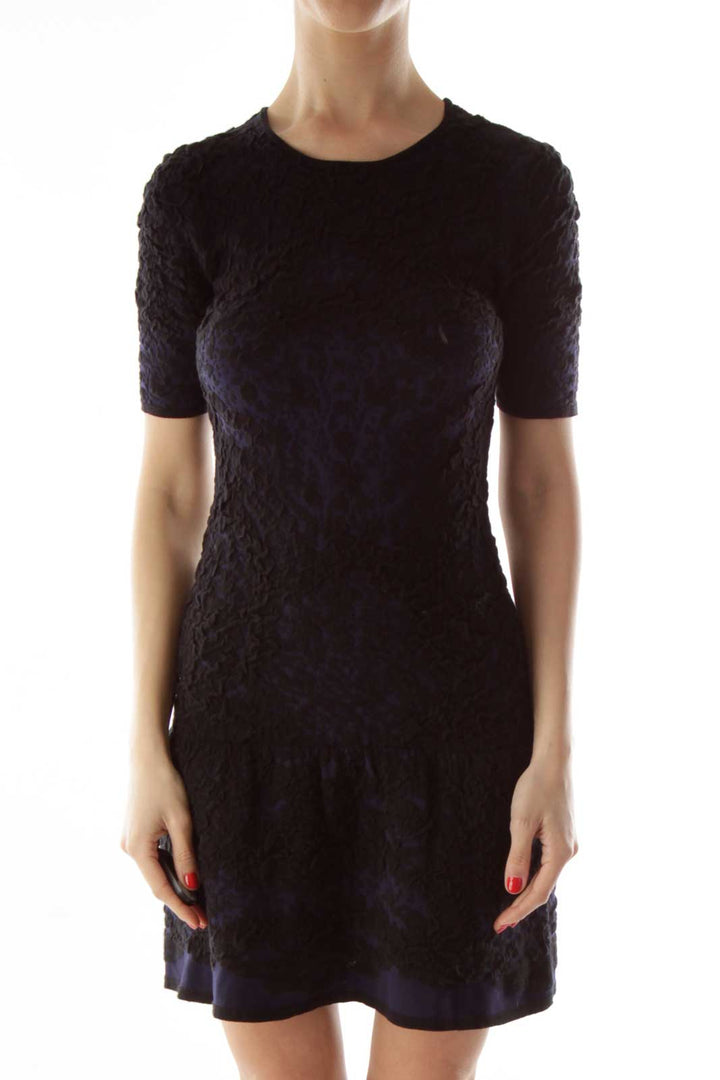 Black Navy Short-Sleeve Textured Elastic Dress