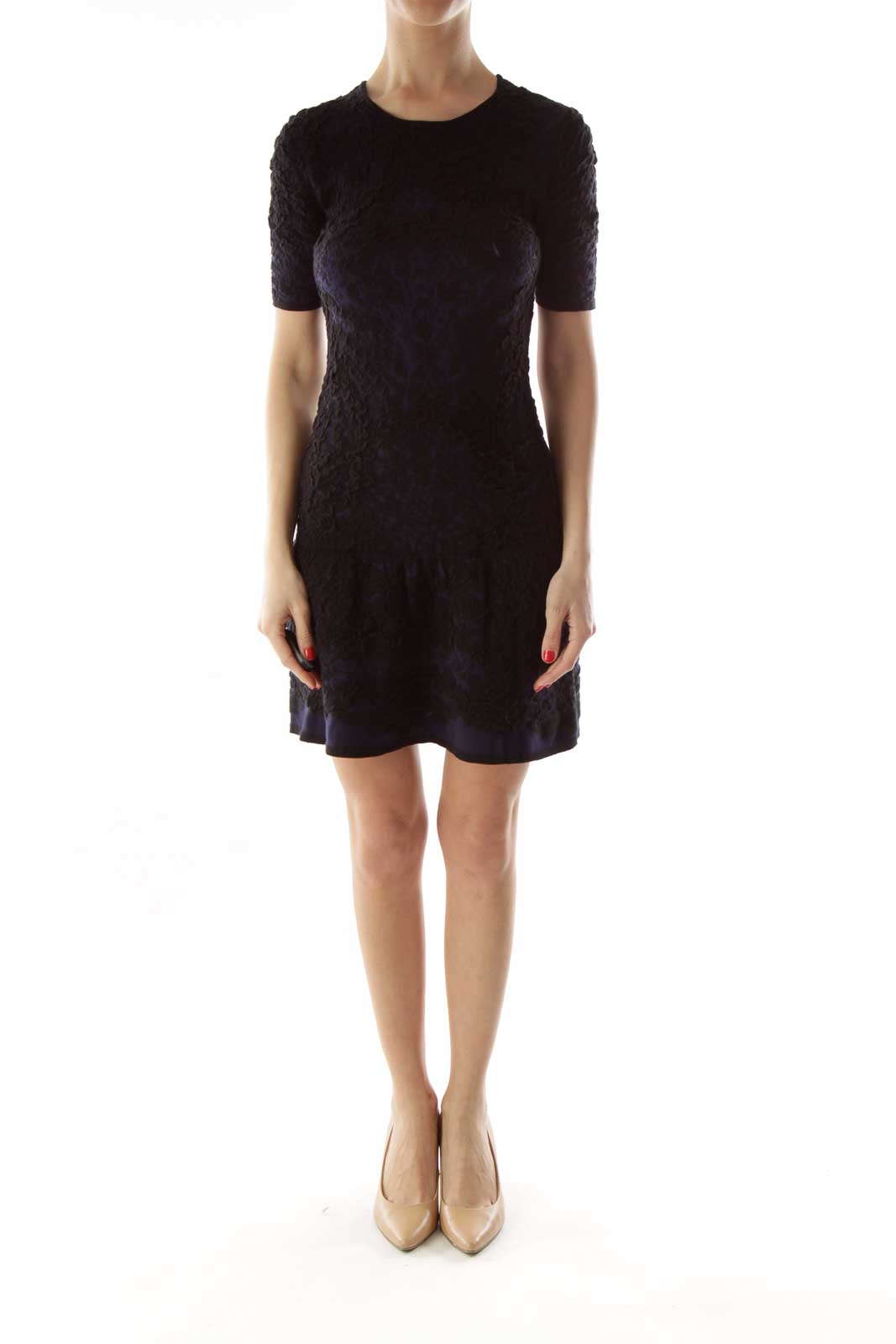 Black Navy Short-Sleeve Textured Elastic Dress