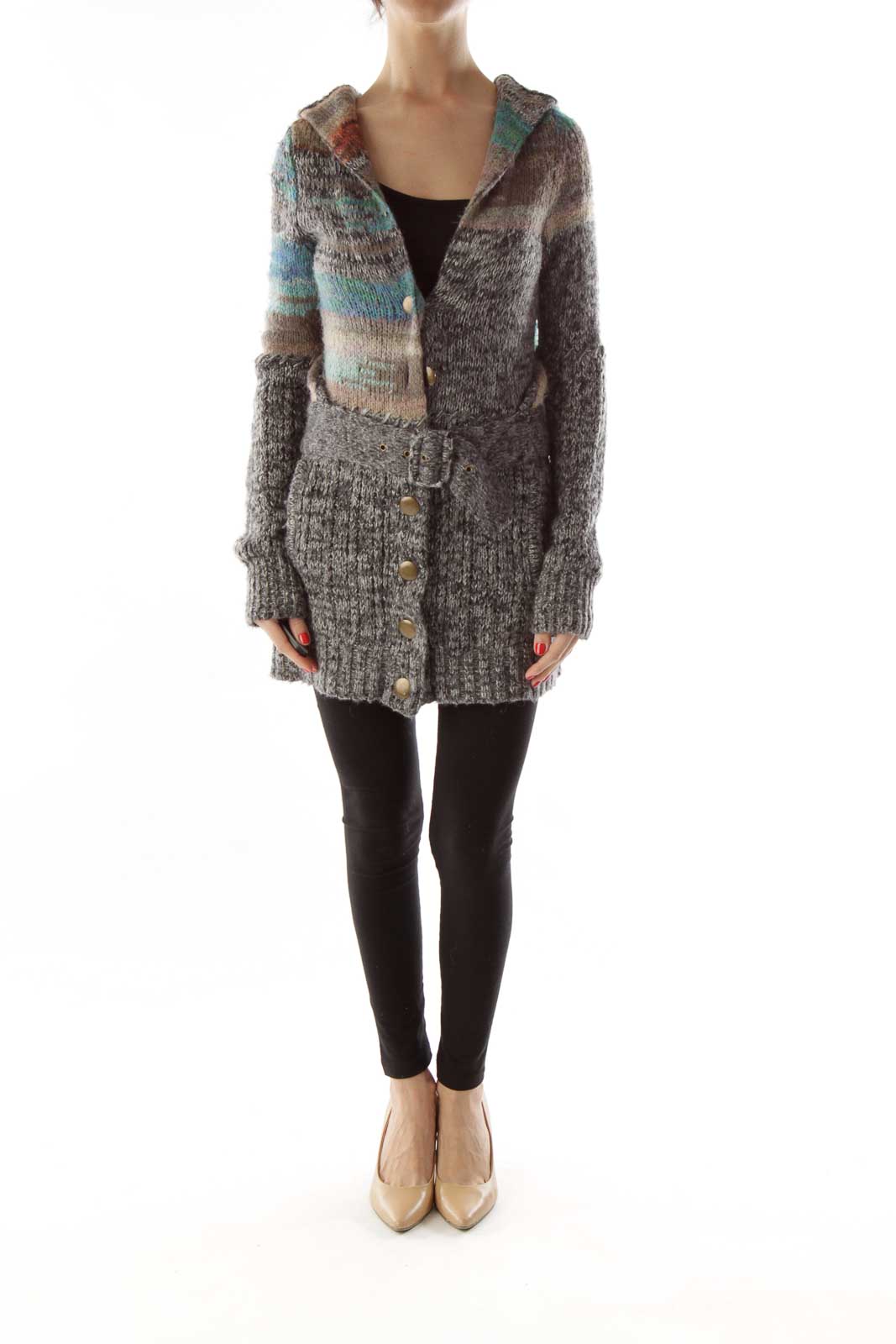 Gray Multicolor Buttoned Hooded Cardigan