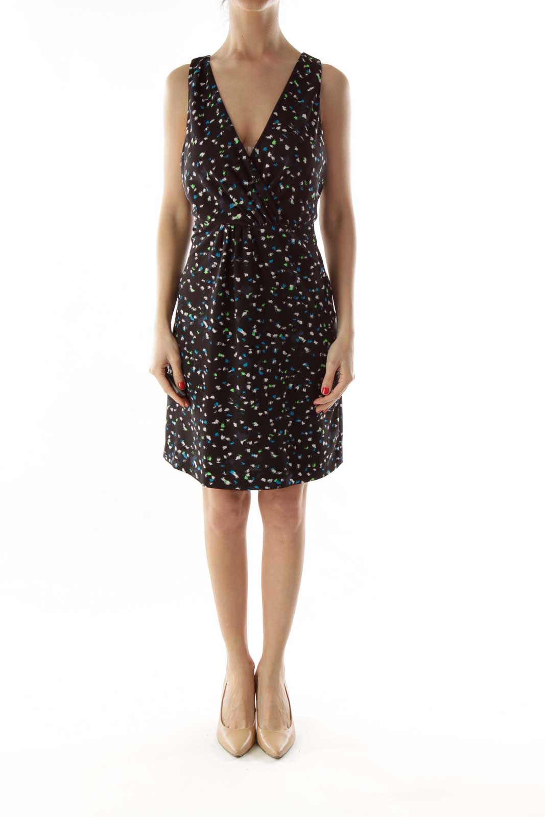 Black Multicolor Print Day Dress With Plunging Neckline