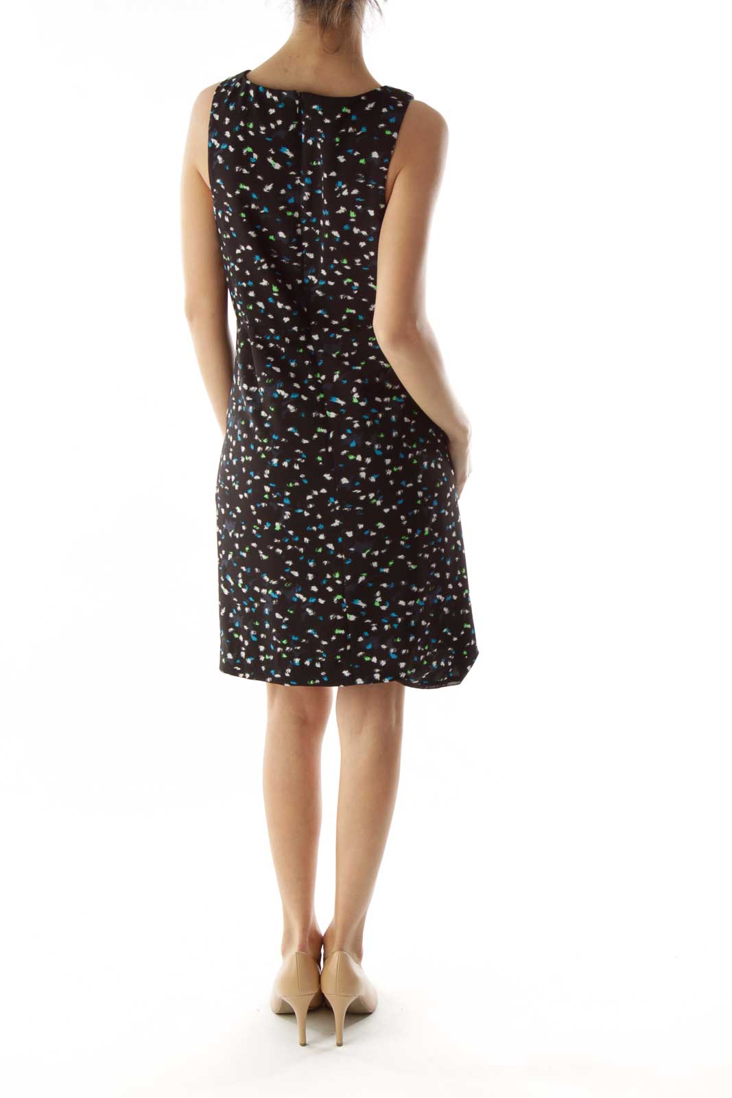 Black Multicolor Print Day Dress With Plunging Neckline