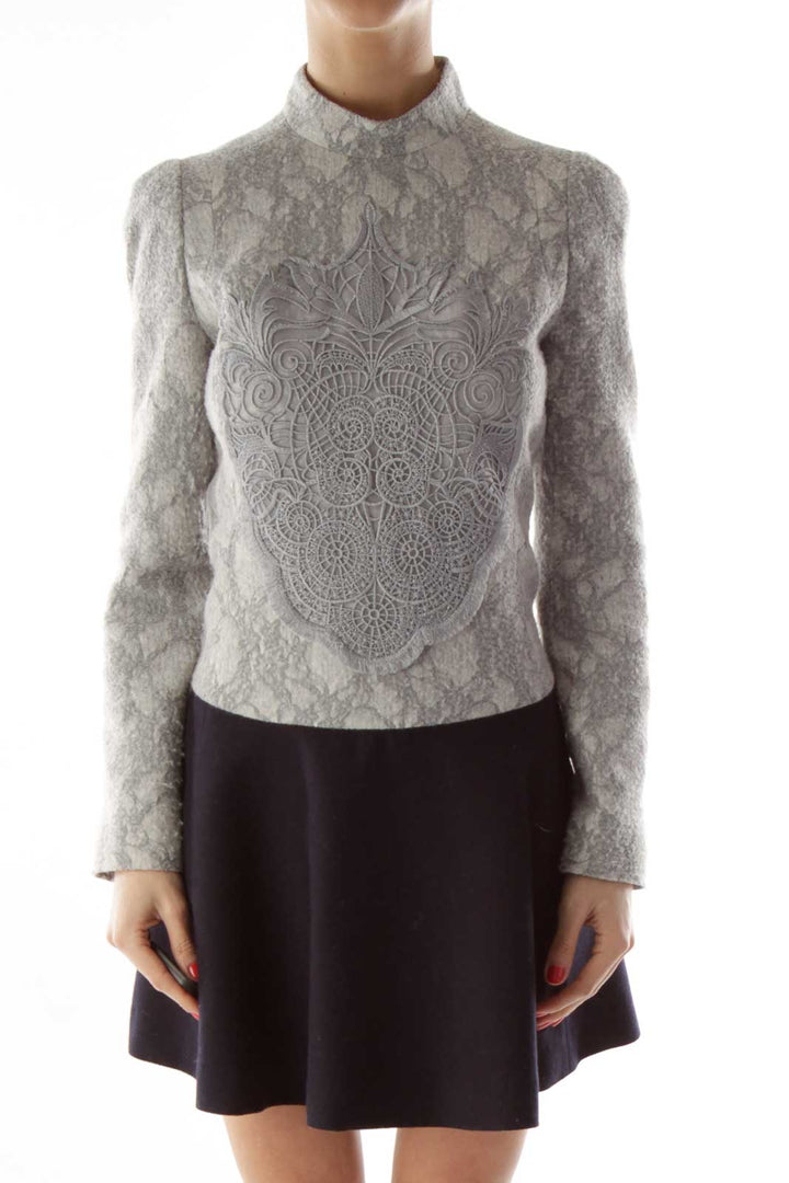 Gray Black Lace Embroidered Crew Neck Day Dress