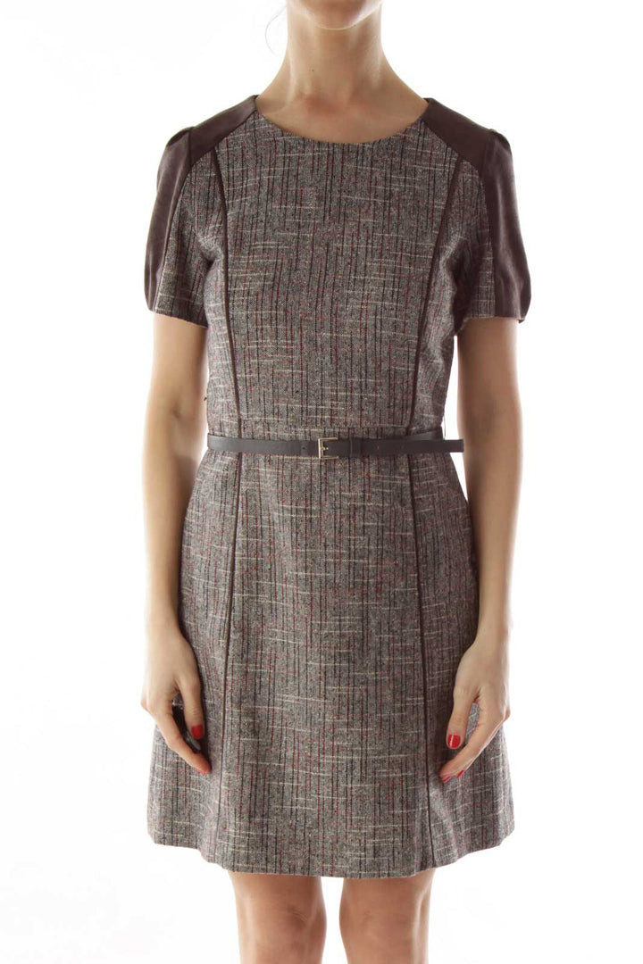 Brown Tweed Swede Belted Work Dress