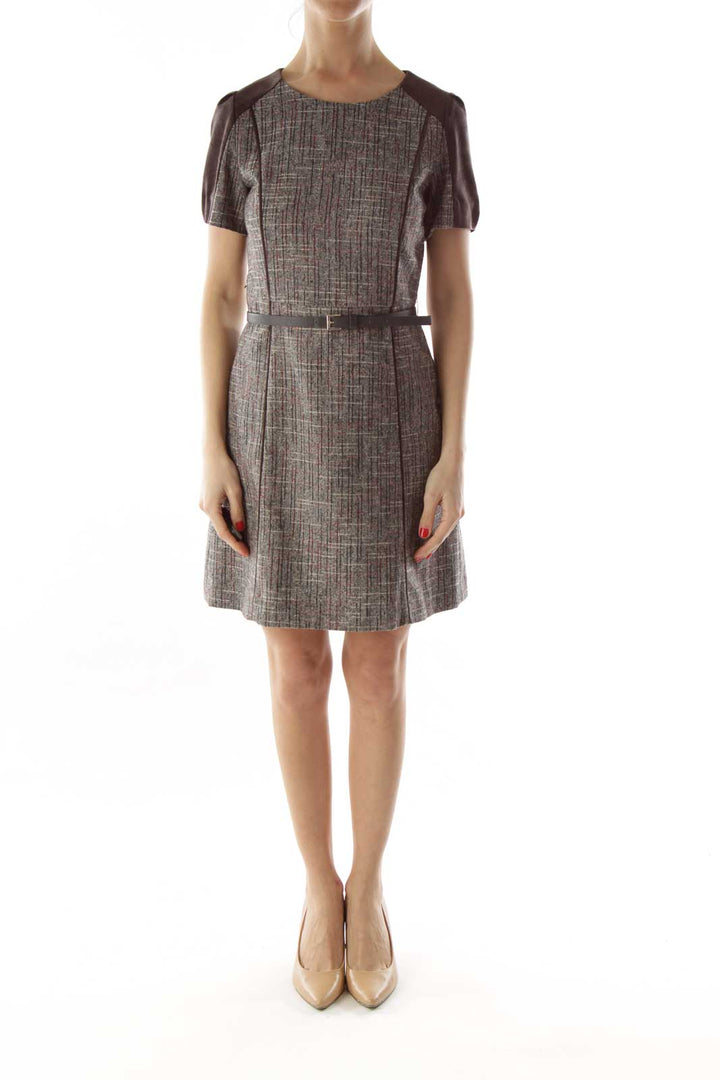 Brown Tweed Swede Belted Work Dress