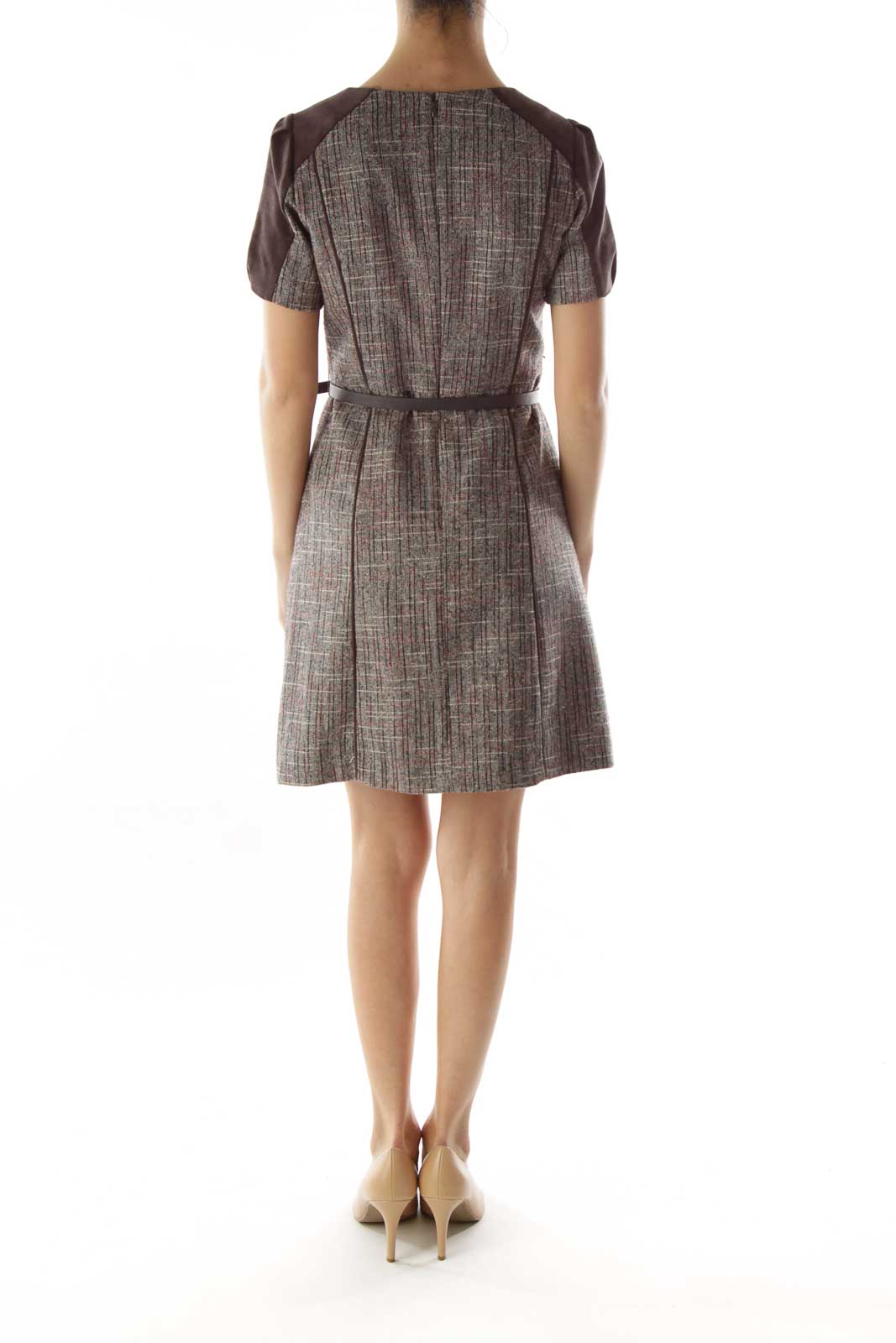 Brown Tweed Swede Belted Work Dress