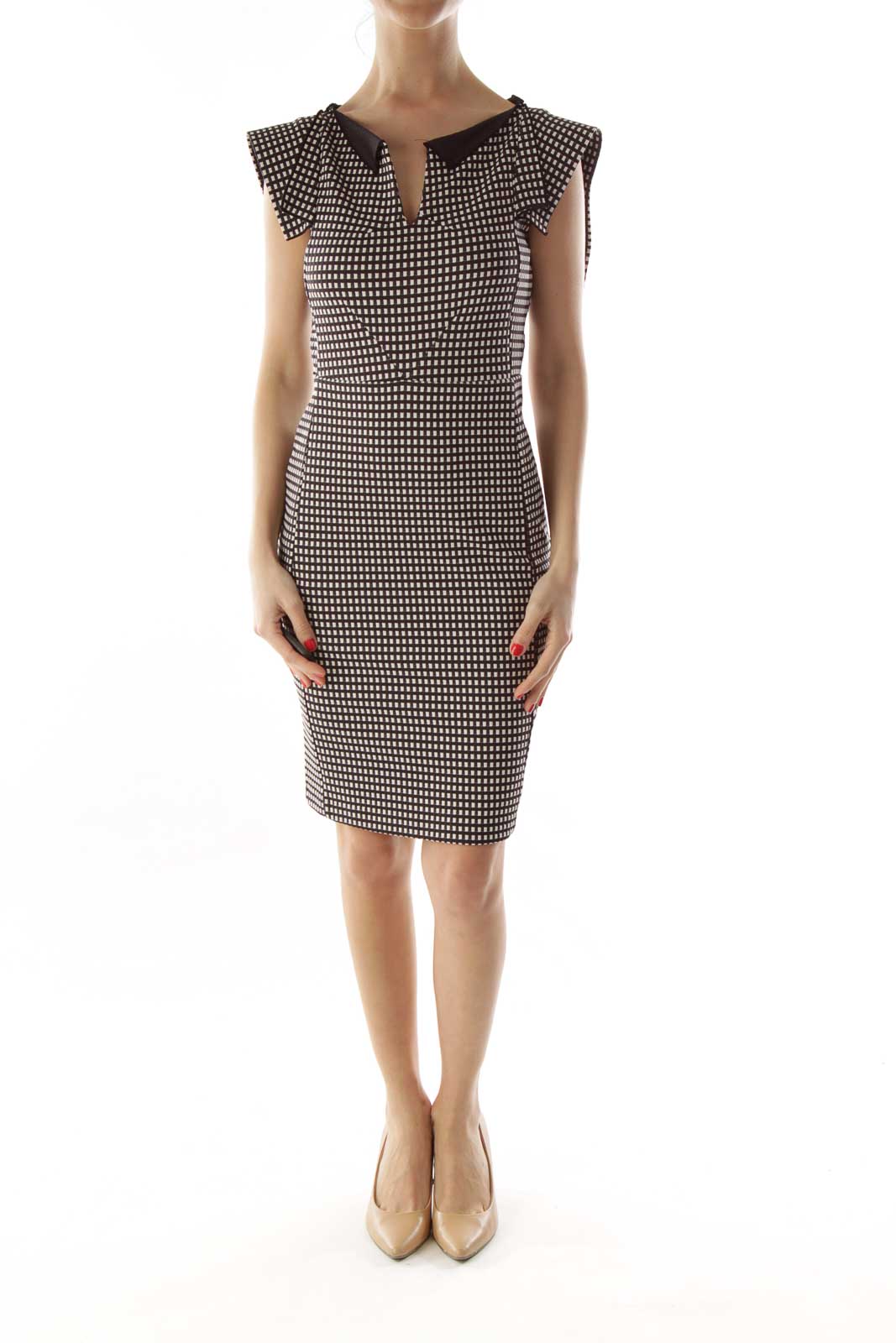 Black White Checkered V-Neck Sheath Dress