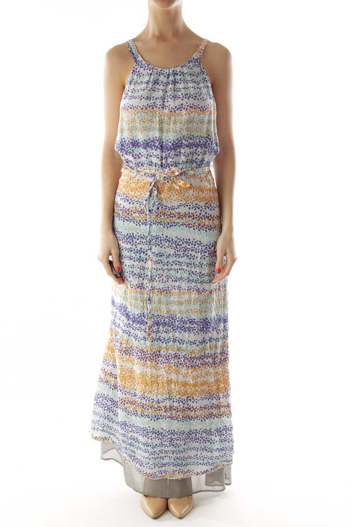 Multicolor Belted Maxi Dress with Dots