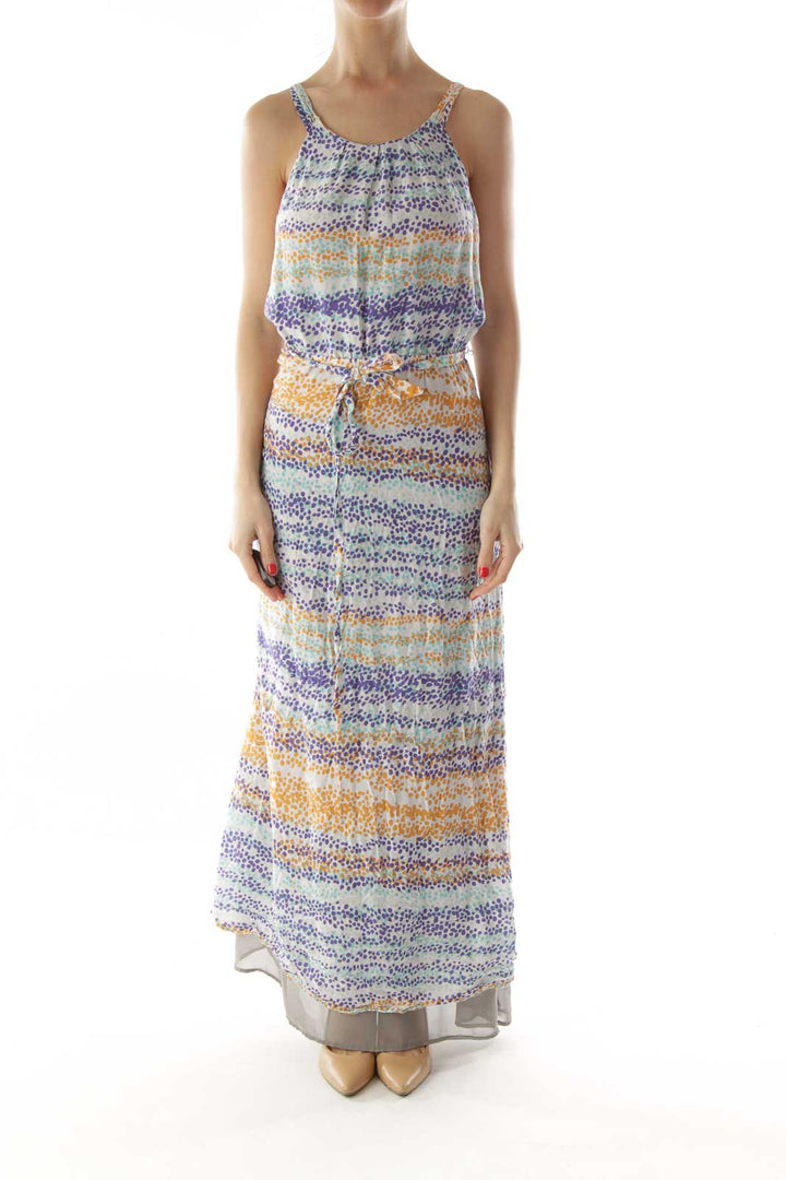 Multicolor Belted Maxi Dress with Dots