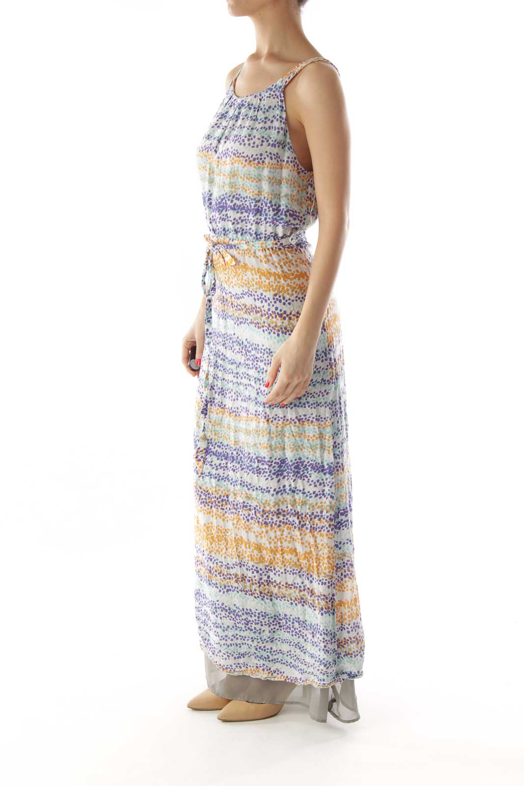 Multicolor Belted Maxi Dress with Dots