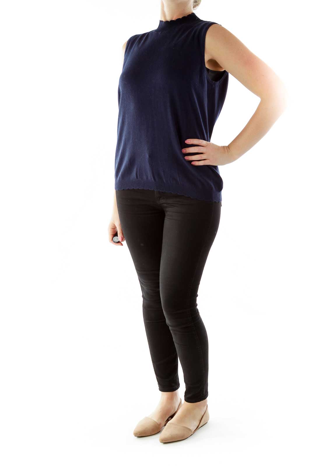 Navy Scalloped Turtleneck Sleeveless Top