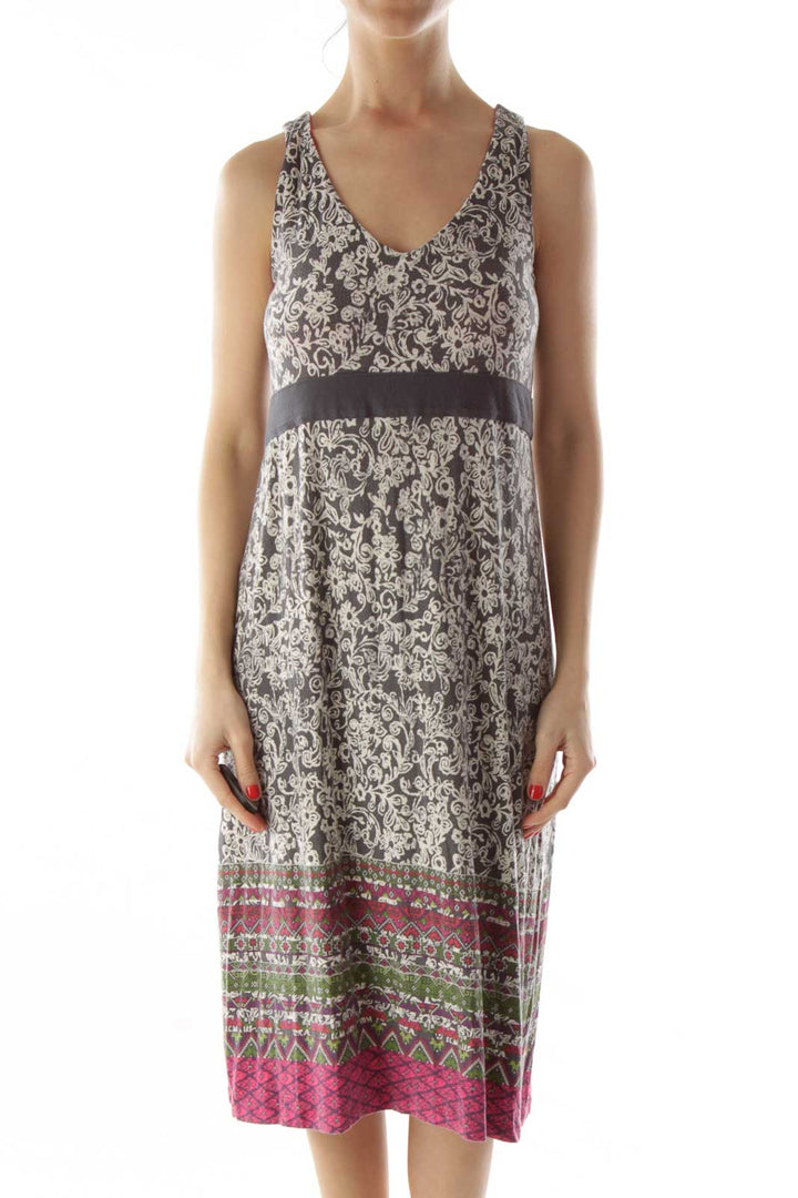 Gray White Pink Flower Geometric Print Day Dress