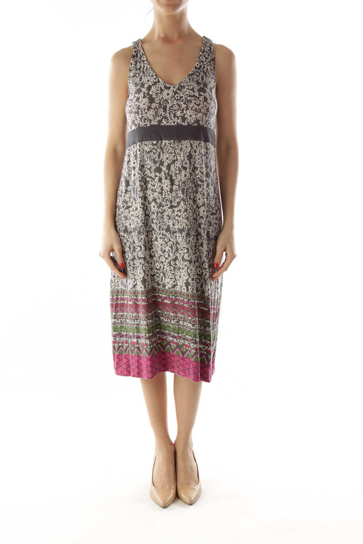 Gray White Pink Flower Geometric Print Day Dress