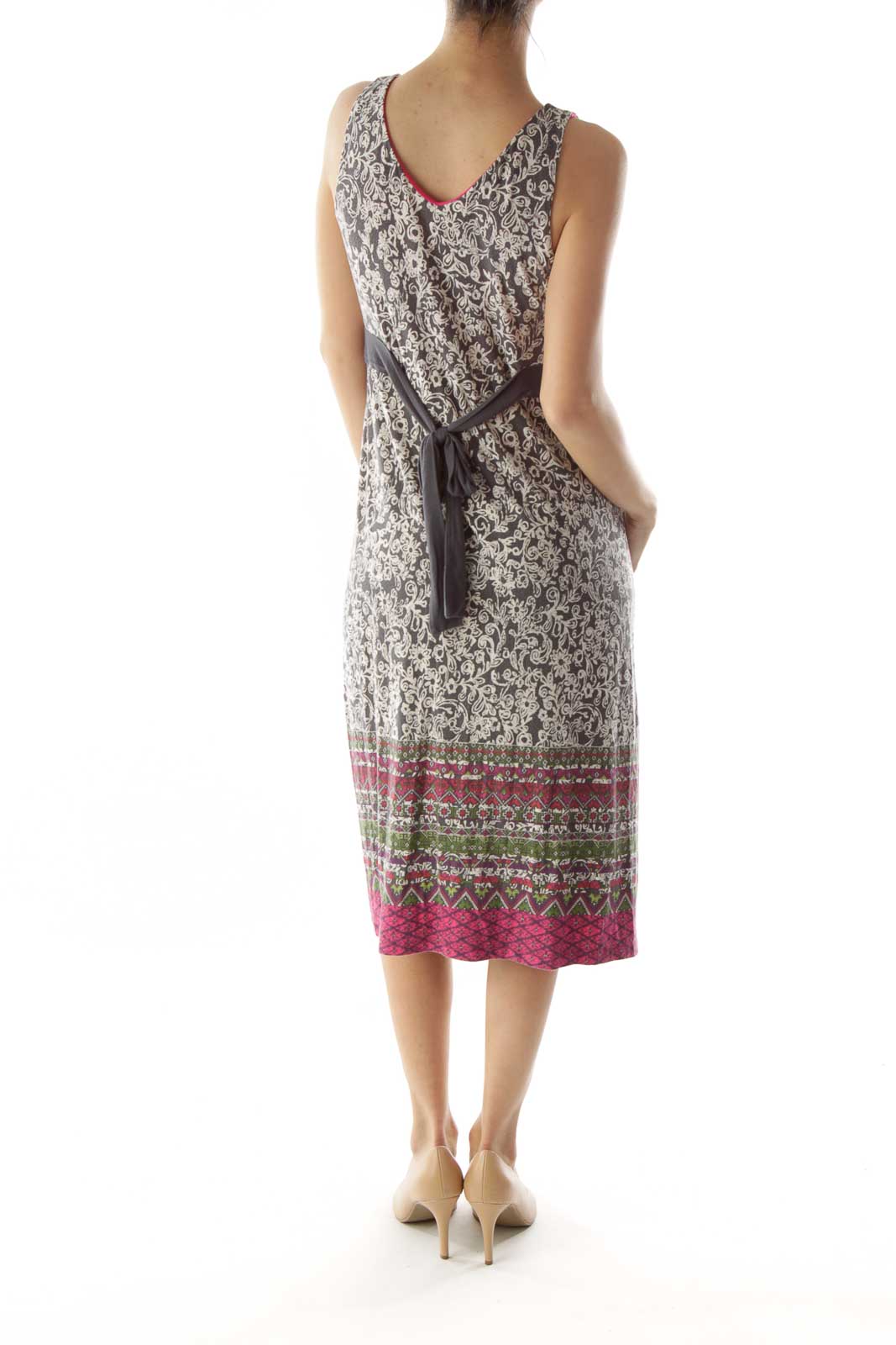 Gray White Pink Flower Geometric Print Day Dress