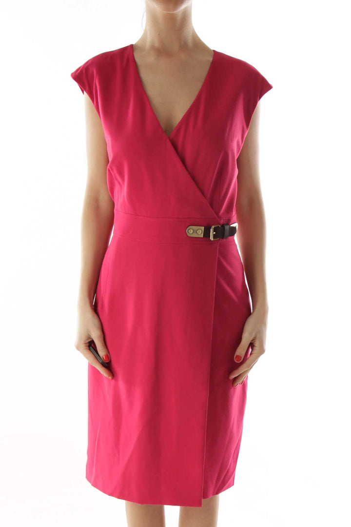 Pink V-Neck Buckled Day Dress