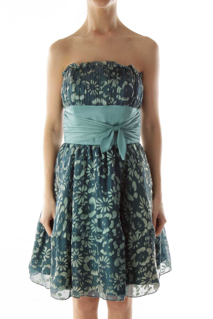 Green Flower Belted Strapless Cocktail Dress